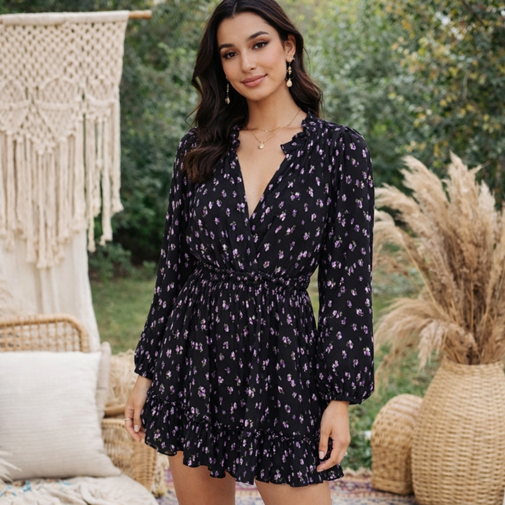 ZARA Black Purple Floral Pleated Mini Dress Smocked Waist Boho Long Sleeve Flowy